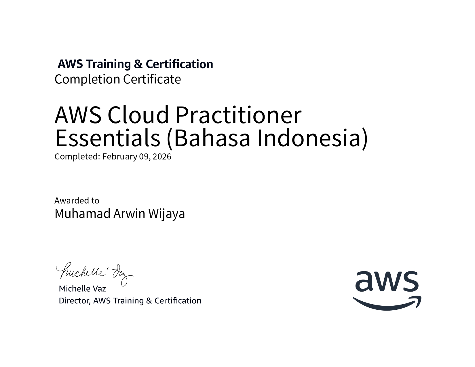 AWS Cloud Practitioner Essentials (Bahasa Indonesia) AWS Training & Certification Completion Certificate 2026