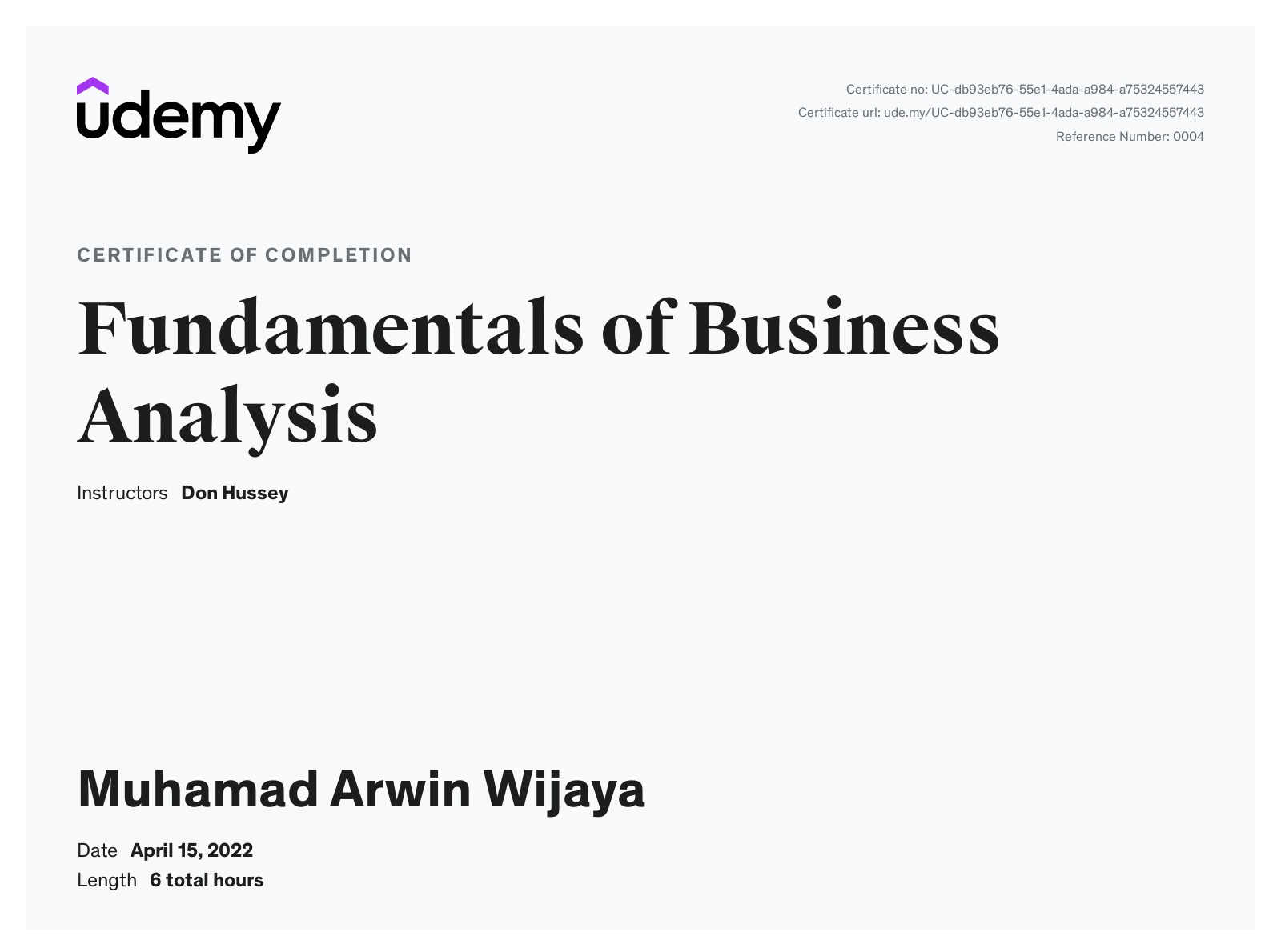 Fundamentals of Business Analysis Udemy Certificate 2022