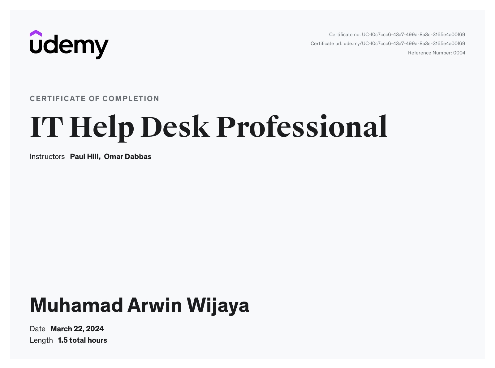 IT Help Desk Professional Udemy Certificate 2024